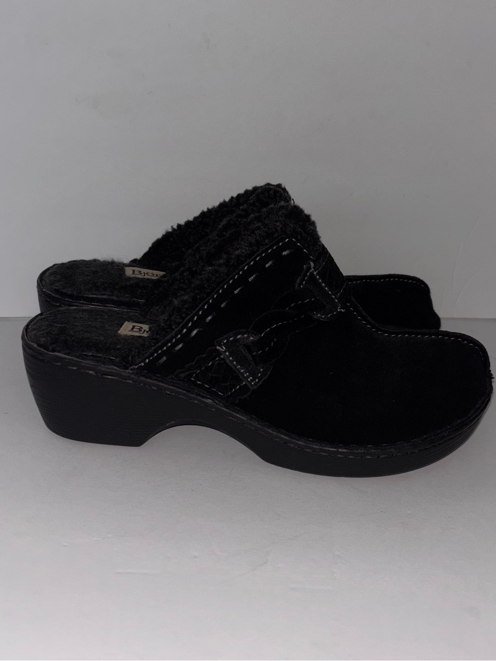 Bjorndal Black Suede Women’s Clog Mule w/ Faux Shearling Lining Sz 8